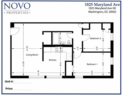 Floor plan for 2 beds, 1 bath, 735 sqft